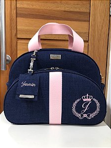 Bolsa Maternidade Média Linho Azul Marinho com faixa rosa bebê